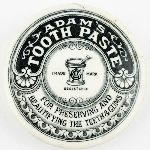 467 - GLASGOW POT LID. (APL p547, 94) 2.7ins diam. Strong black transfer. ADAMS/ TOOTH PASTE with pestle a... 