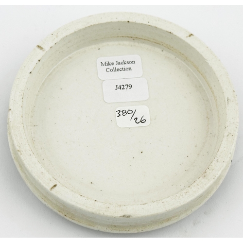 469 - LONDON POT LID. (APL p380, 26) 3.4ins diam. Black transfer with two bands, writing within & multiple... 