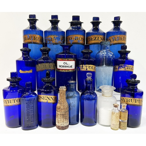 482 - PHARMACY SHOP ROUND BOTTLES GROUP. Tallest 8.9ins. Wonderful large group of mainly pontilled, cobalt... 