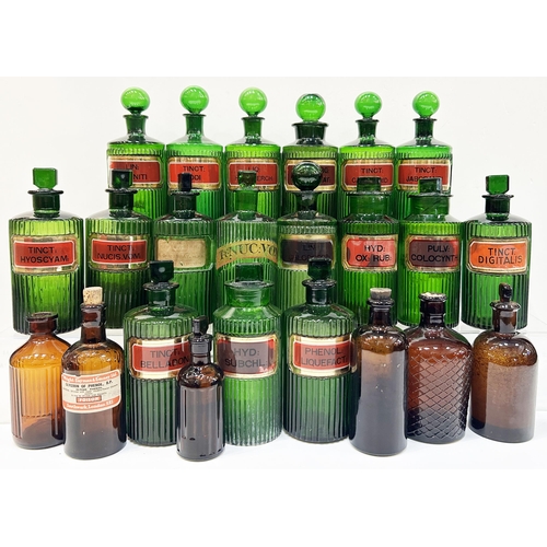 483 - PHARMACY SHOP ROUND BOTTLES GROUP. Tallest 8.4ins. Another large group stoppered vertically ribbed g... 