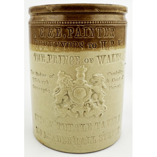 487 - SHIP & TURTLE TAVERN JAR. 6ins tall. Brown top, impressed C & E PAINTER/ PURVEYORS TO HRH/ THE PRINC... 