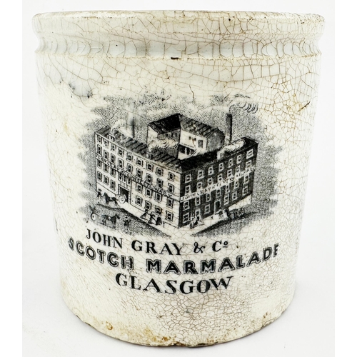 488 - GLASGOW MARMALADE JAR. 3.6ins tall. Black transfer JOHN GRAY & CO/ SCOTCH MARMALADE with pict of bui... 