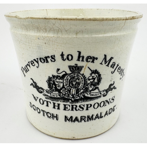 489 - WOTHERSPOONS SCOTCH MARMALADE JAR. 3ins tall. Black transfer PURVEYORS TO HER MAJESTY with coat of a... 