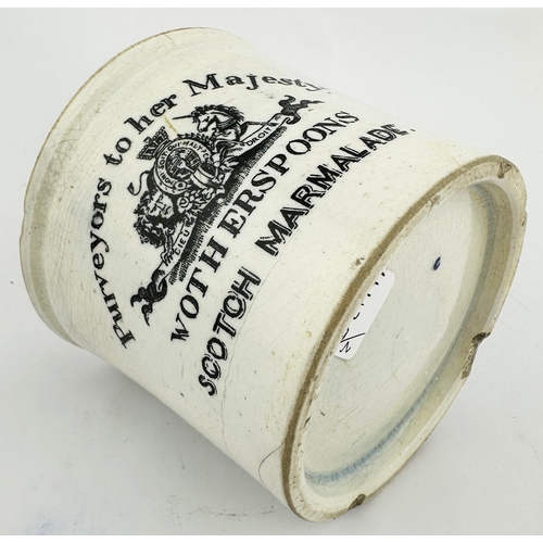 489 - WOTHERSPOONS SCOTCH MARMALADE JAR. 3ins tall. Black transfer PURVEYORS TO HER MAJESTY with coat of a... 