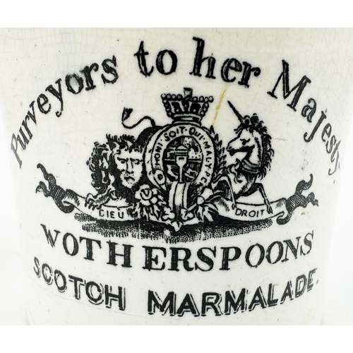 489 - WOTHERSPOONS SCOTCH MARMALADE JAR. 3ins tall. Black transfer PURVEYORS TO HER MAJESTY with coat of a... 