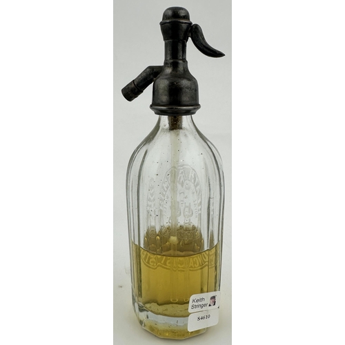 493 - DONCASTER MINIATURE SODA SYPHON. 6ins tall. Clear glass, acid etched with trigger. HEATH & SMITH/ DO... 