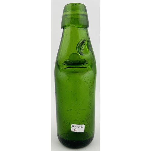 520 - THE SCARBORO & WHITBY CODD BOTTLE. 7.2ins tall. 6oz, vivid bright green glass. 2 retaining neck lugs... 