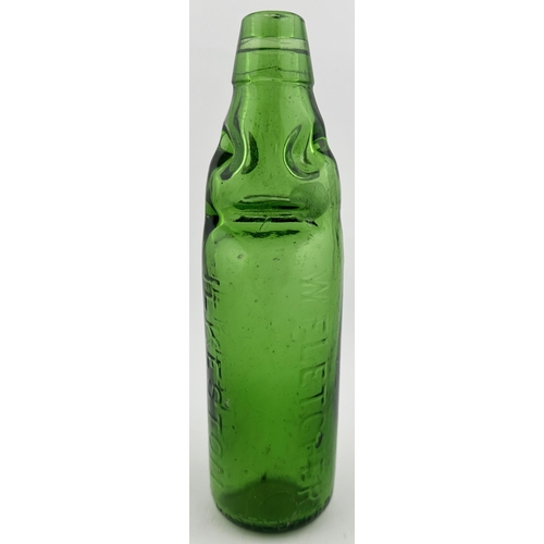 522 - ILKESTON CODD BOTTLE. 9ins tall. 10oz green glass, 4 retaining neck lugs. Embossed W FLETCHER. Rear ... 