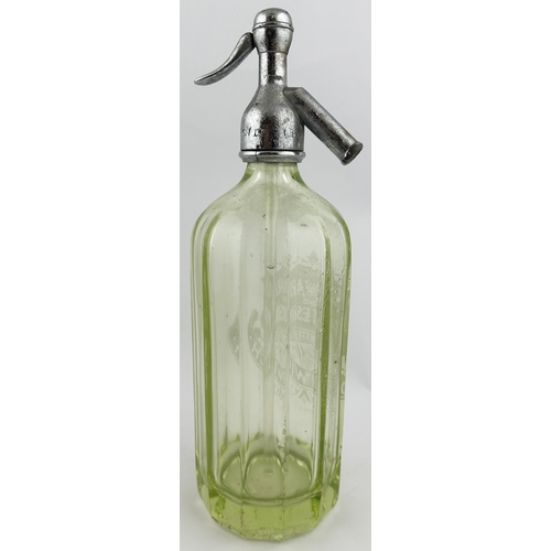 526 - NORWICH SODA SYPHON. 11.8ins tall to top of metal trigger. Light lime green glass, vertical body rib... 