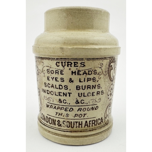 531 - LONDON & SOUTH AFRICA STAR CARBOLIC OINTMENT POT. 2.5ins tall. Heavy off white body, sepia/ brown tr... 