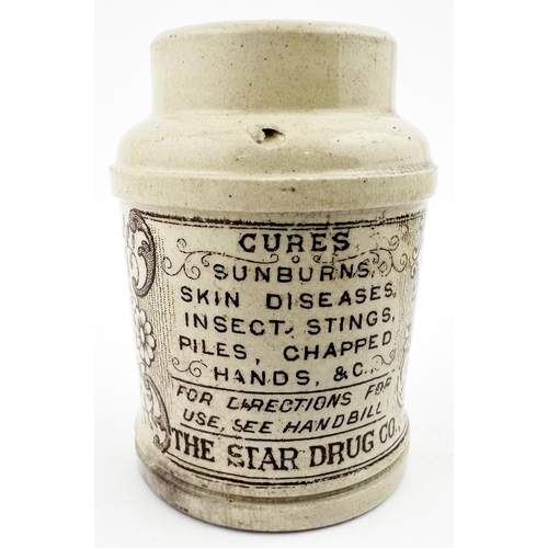 531 - LONDON & SOUTH AFRICA STAR CARBOLIC OINTMENT POT. 2.5ins tall. Heavy off white body, sepia/ brown tr... 