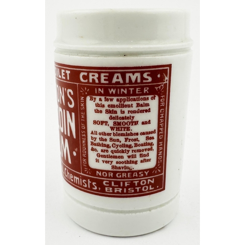 536 - BRISTOL BUXTONS BENZOIN CREAM BEAUTY POT. 2.9ins tall. All white body, strong red/ brown transfer. A... 