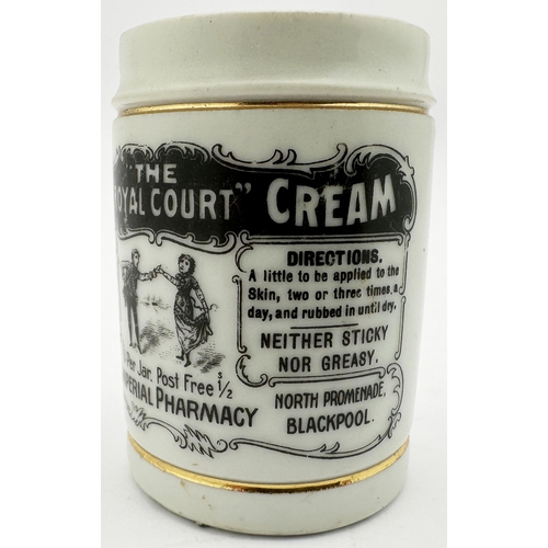 540 - BLACKPOOL ROYAL COURT SKIN CREAM BEAUTY POT. 2.6ins tall. All white body, extremely sharp & clear tr... 