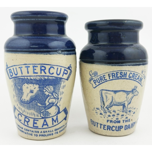 13 - BUTTERCUP DAIRY CREAM POT DUO. Tallest 4.5ins. Blue top & various transfers. Mint. (2)