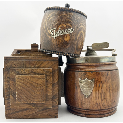 35 - WOODEN TOBACCO JAR TRIO. Tallest 7ins. Various designs. Slight wear. (3) 8.5/10 Unsuitable for p+p