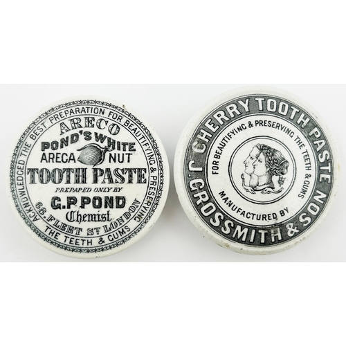 39 - TOOTH PASTE POT LID DUO. Largest 2.75ins. GROSSMITH CHERRY TOOTH PASTE & POND ARECA NUT. Nibbles. (2... 