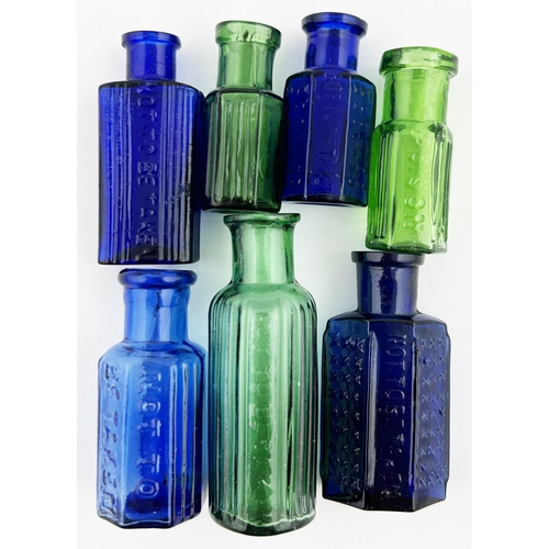 424 - POISONS GROUP. Tallest 2.5ins. Blue & green glass. Ribbing & embossing. A great little grouping. Min... 