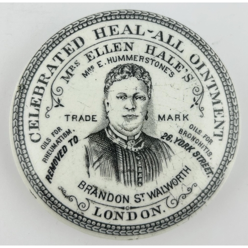 425 - MRS ELLEN HALES OINTMENT POT LID. 3ins diam. Familiar face pict to centre. Surface scratches & chips... 