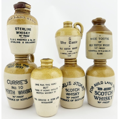 47 - MINIATURE WHISKY FLAGONS. Tallest 4ins. Various sizes. STERLINI, ELGIN, PERTH. One with contents. Mi... 