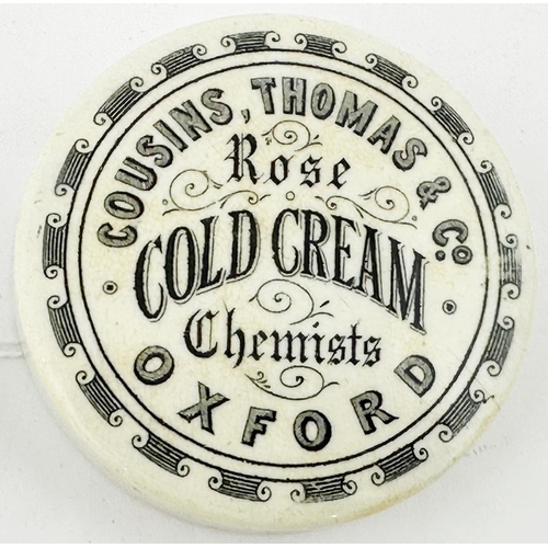 21 - OXFORD POT LID. (APL pg532,1a) 2.75ins diam. Black transfer with line & scroll border. COUSINS, THOM... 