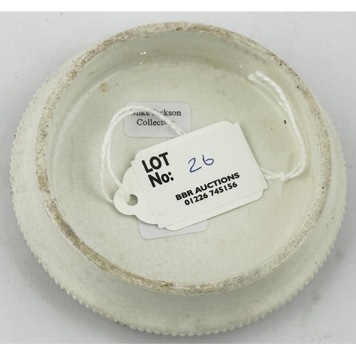 26 - LEICESTER POT LID. (APL pg228,17a) 3.5ins diam. Dome lid with black transfer with serrated edge & at... 