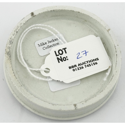 27 - LEICESTER POT LID. (APL pg228,15) 2.6ins diam. Light smudged black transfer with solid line borders.... 