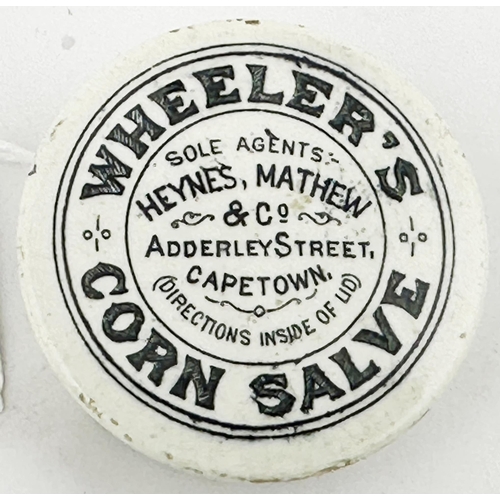 37 - SOUTH AFRICAN POT LID. 2ins diam. Strong black transfer with bold lettering. WHEELERS CORN SALVE/ HE... 