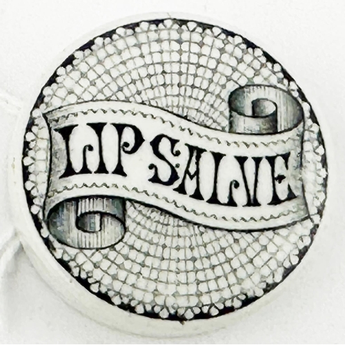 38 - GENERIC POT LID. (APL pg139) 1.5ins diam. Simple black transfer with LIP SALVE in scroll to centre &... 