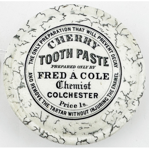 47 - COLCHESTER POT LID. (APL pg113,9) 3.5ins diam. Black transfer on a domed lid with marbling to the ed... 