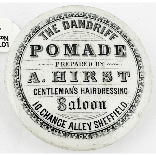 58 - SHEFFIELD POT LID. (APL pg682,179) 3.75ins diam. Black transfer with decorative border. POMADE/ A.HI... 