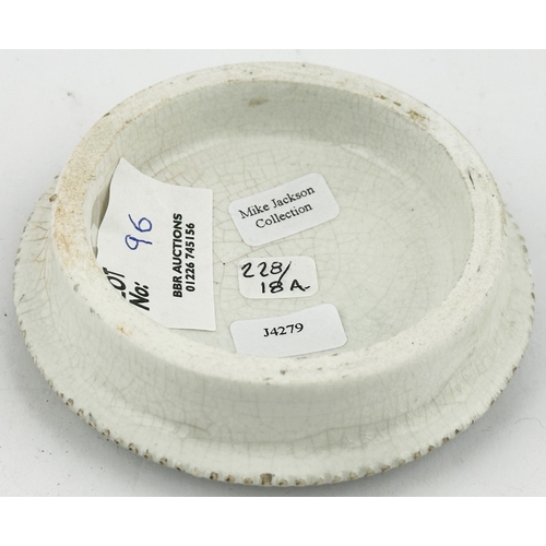 96 - LEICESTERSHIRE POT LID. (APL pg228,18a) 3.3ins diam. Domed lid, black transfer with serrated edge & ... 