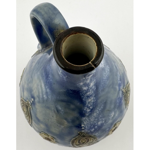 564 - JAMES BURROUGH LTD WHISKY JUG. WG p39. 5.3ins tall. Blue & brown swirly pattern. Base heavily impres... 