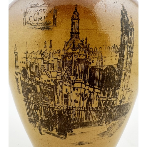 568 - KINGS COLLEGE CHAPEL WHISKY JUG. WG p106. 8.4ins tall. Tan neck & rear handle. Sepia print of Kings ... 