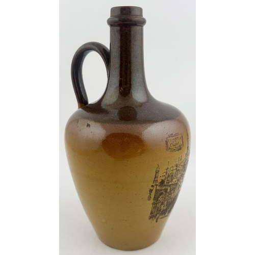 568 - KINGS COLLEGE CHAPEL WHISKY JUG. WG p106. 8.4ins tall. Tan neck & rear handle. Sepia print of Kings ... 