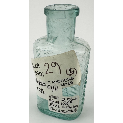 572 - FOULSTONS CRESCENT POISON. (DP p57). 2.8ins tall (1/2oz size). Aqua glass. Familiar herringbone angl... 