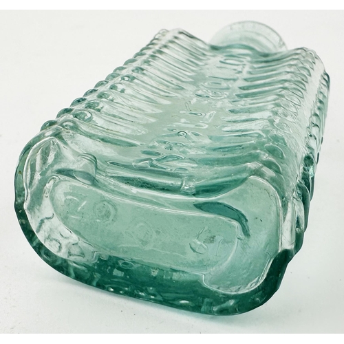 572 - FOULSTONS CRESCENT POISON. (DP p57). 2.8ins tall (1/2oz size). Aqua glass. Familiar herringbone angl... 