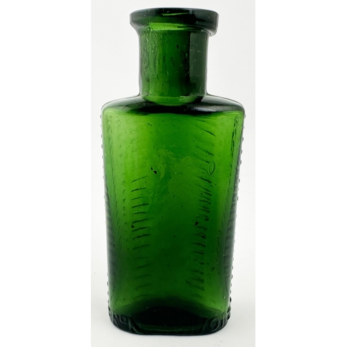 576 - FOULSTONS CRESCENT POISON. (DP p57). 3.5ns tall (1oz size). Deep emerald glass. Familiar herringbone... 