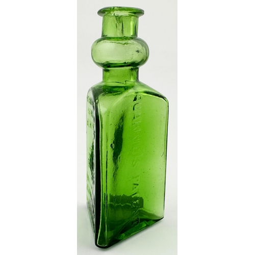 595 - FISHER SEAWEED EXTRACT BOTTLE. 5ins tall. Bright green glass, triangular body shape, featuring an ex... 