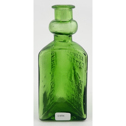 595 - FISHER SEAWEED EXTRACT BOTTLE. 5ins tall. Bright green glass, triangular body shape, featuring an ex... 