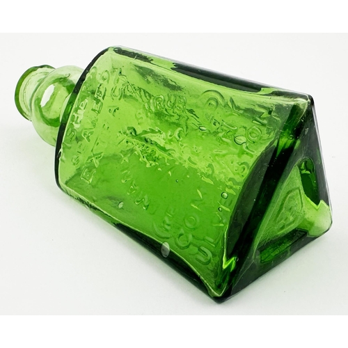 595 - FISHER SEAWEED EXTRACT BOTTLE. 5ins tall. Bright green glass, triangular body shape, featuring an ex... 