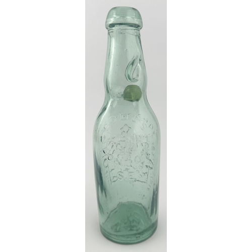 615 - SWANSEA CODDS PATENT 4 BOTTLE. 8.8ins tall. Aqua glass, darker aqua/ pale green hue to marble, mushr... 