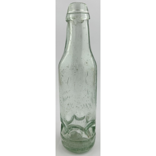 617 - BANGOR MINERAL WATER BOTTLE. 9.9ins tall. Aqua glass, embossed STACEY & MILROY/ t.m of entwined lett... 