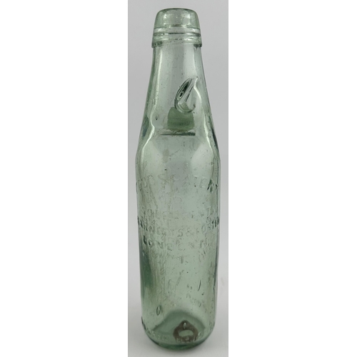 618 - MONMOUTH RICKETTS NARROW NECK CODD BOTTLE. 9.5ins tall. Aqua glass, aqua marble, embossed THOMAS R H... 