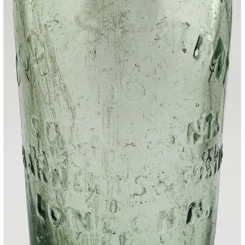 618 - MONMOUTH RICKETTS NARROW NECK CODD BOTTLE. 9.5ins tall. Aqua glass, aqua marble, embossed THOMAS R H... 