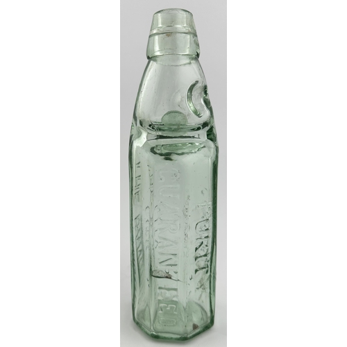 619 - BANGOR DOBSONS PATENT CODD BOTTLE. 8.7ins tall. Aqua glass, octagonal body panels with heavy embossi... 