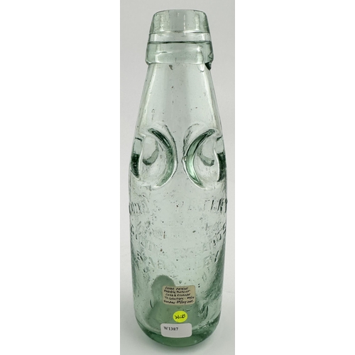 621 - HEREFORD PREMIER PATENT CODD BOTTLE. 7.3ins tall. Aqua glass, embossed MOHAWK/ CRYSTAL/ with t.m. to... 