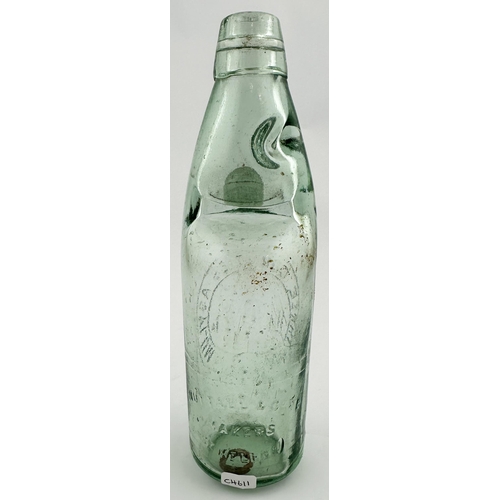 622 - THREE COUNTRIES ASYLUM CODD BOTTLE. 9ins tall. Aqua glass, embossed THREE COUNTRIES ASYLUM within a ... 