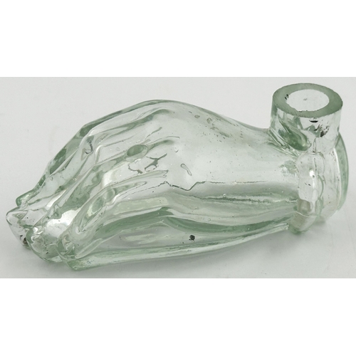 627 - FRENCH HAND FIGURAL INK BOTTLE. (Inks book H2.7 p157). 1.5ins tall. Heavy aqua glassfigural (also re... 