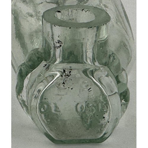 627 - FRENCH HAND FIGURAL INK BOTTLE. (Inks book H2.7 p157). 1.5ins tall. Heavy aqua glassfigural (also re... 