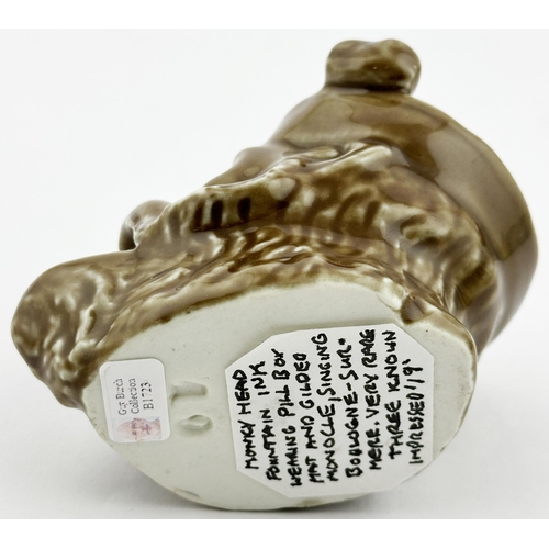 636 - MONKEY WITH MONAKLE INKWELL BOTTLE. Blobby. Anthropomorphic monkey head wearing a smoking hat & gild... 